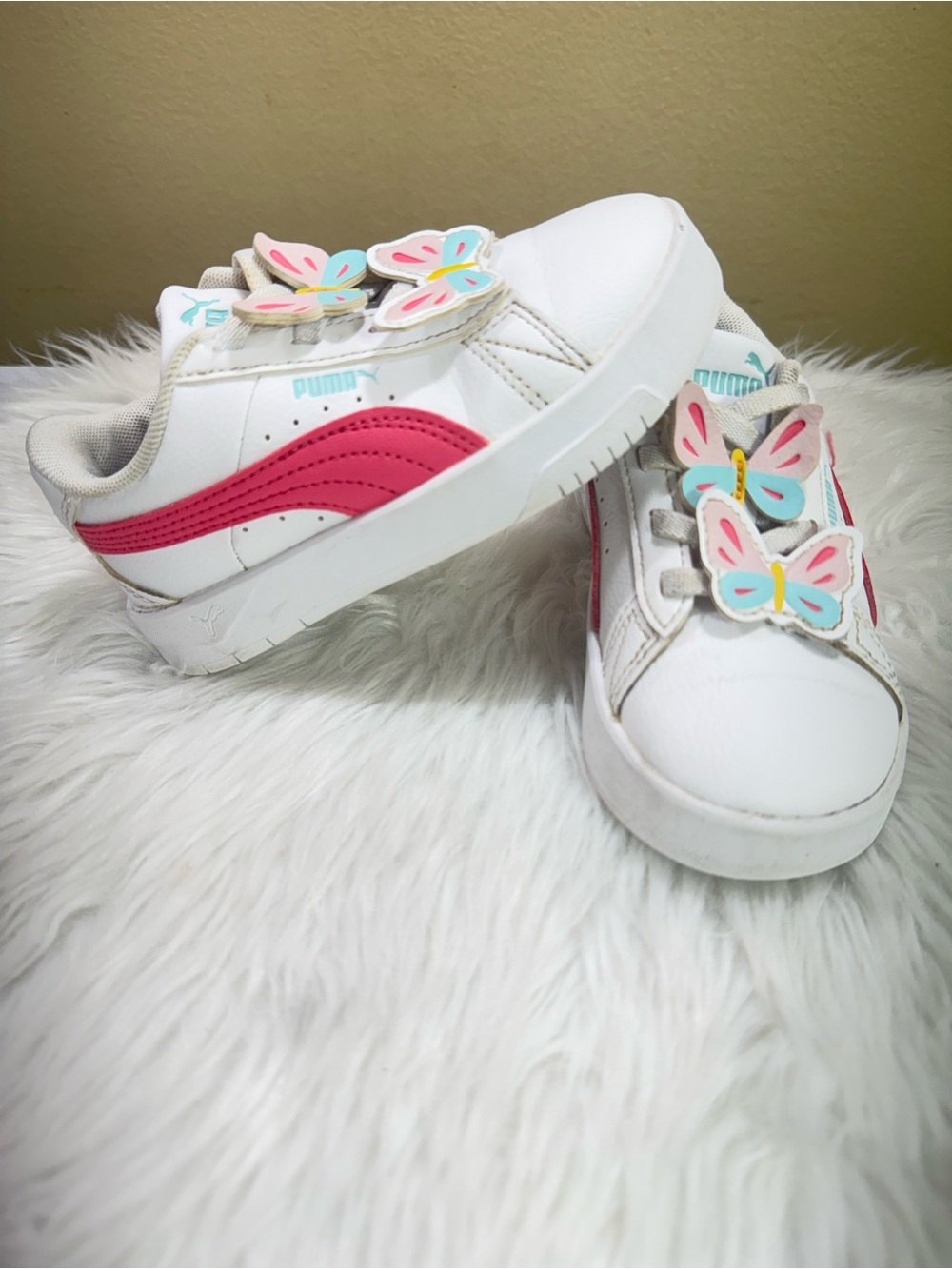 Puma Kids White Sneakers with Pink Stripe & Pastel Butterfly Accents